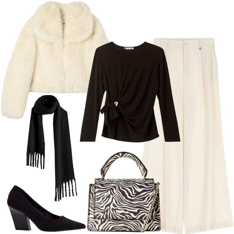 Outfit donna - A cena fuori. Stile Chic per Serata fuori. Abbinamento con décolleté, sciarpe, bluse, borse a tracolla, ecopellicce, pantaloni a palazzo.