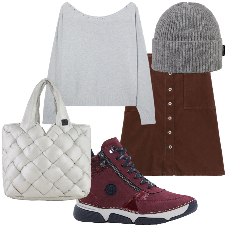 Outfit donna - Grigio e bordeaux. Stile Basic per Tutti i giorni. Abbinamento con stivaletti, gonne, maglieria, borse tote, berretti.