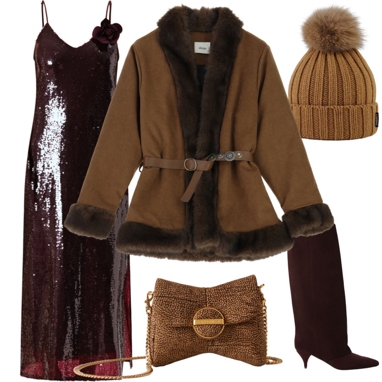 Outfit donna - Super chic ma col berretto. Stile Glamour per Serata fuori. Abbinamento con vestiti midi/longuette, pochette, cinture, stivali, berretti.