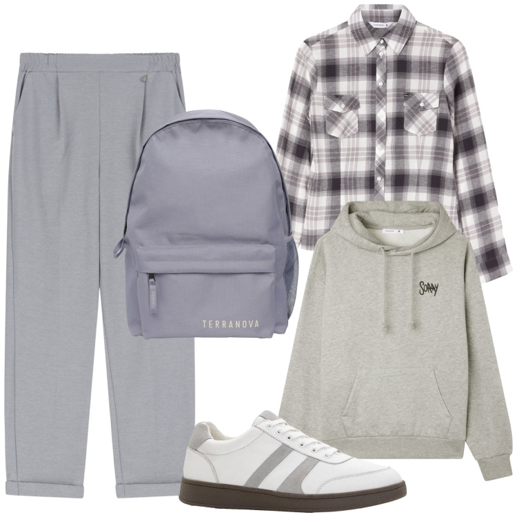 Outfit donna - All grey. Stile Casual chic per Tutti i giorni. Abbinamento con sneakers, zaini, felpe con cappuccio, camicie, pantaloni.