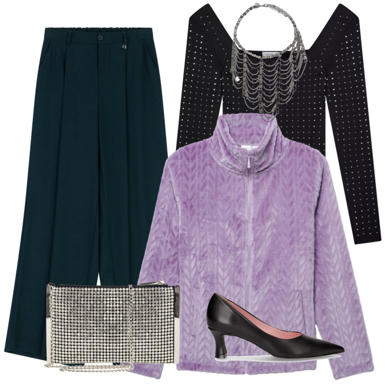 Outfit donna - Luce e ombre. Stile Casual chic per Serata fuori. Abbinamento con pochette, felpe, body, pantaloni a palazzo, collane, décolleté.
