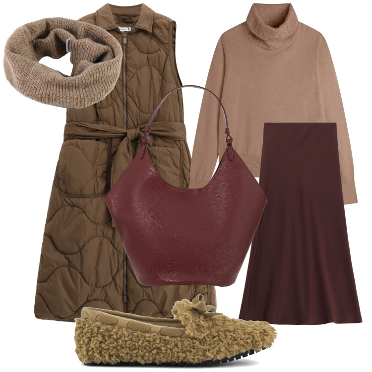 Outfit donna - Total look. Stile Basic per Tutti i giorni. Abbinamento con blazer, gonne lunghe, borse a spalla, maglieria, scaldacollo, mocassini.