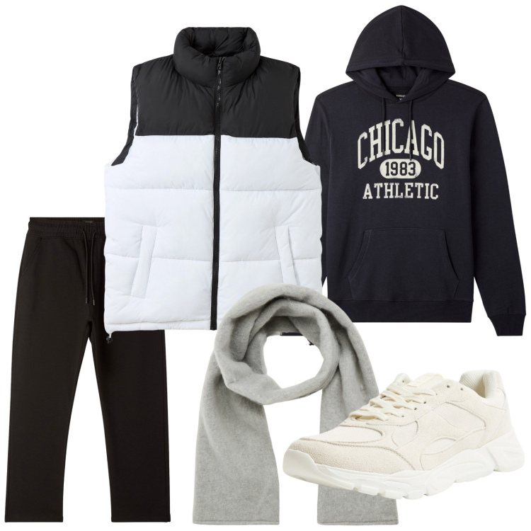 Outfit uomo - Sportivo urbano. Stile Urban per Tutti i giorni. Abbinamento con piumini, sneakers, sciarpe e foulard, pantaloni, felpe con cappuccio.