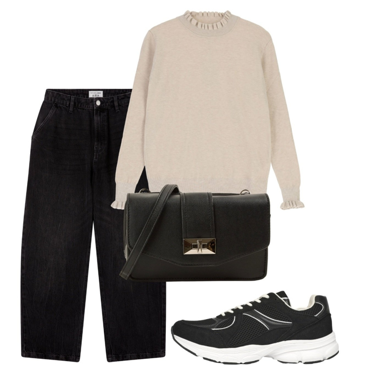 Outfit donna - Novembre. Stile Basic per Tutti i giorni. Abbinamento con sneakers, borse a tracolla, jeans, maglieria.
