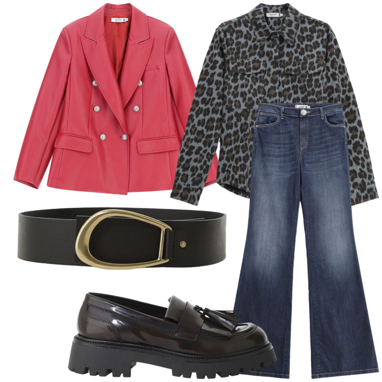 Outfit donna - Please e Dixie look. Stile Trendy per Ufficio. Abbinamento con giacche, jeans a zampa, camicie, cinture, mocassini.