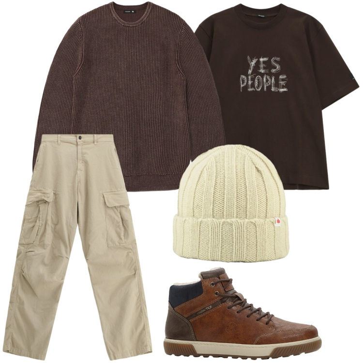 Outfit uomo - Toni autunnali. Stile Casual per Tutti i giorni. Abbinamento con sneakers alte, maglieria, pantaloni cargo, t-shirt, berretti.