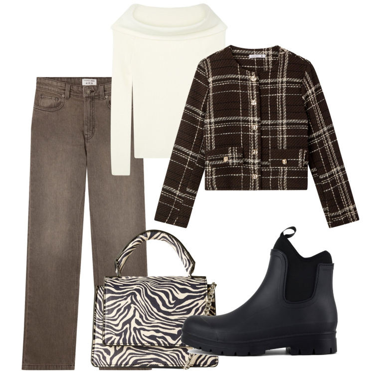 Outfit donna - Novembre. Stile Basic per Tutti i giorni. Abbinamento con maglieria, borse a tracolla, blazer, jeans bootcut, stivali.