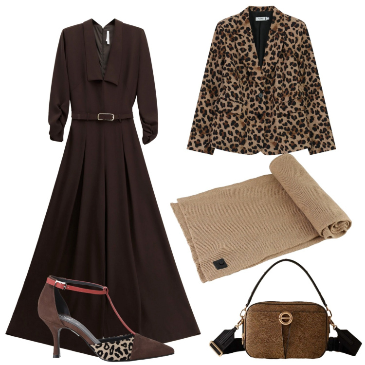 Outfit donna - Dettagli animalier. Stile Chic per Serata fuori. Abbinamento con blazer, tute, borse a tracolla, décolleté, sciarpe.