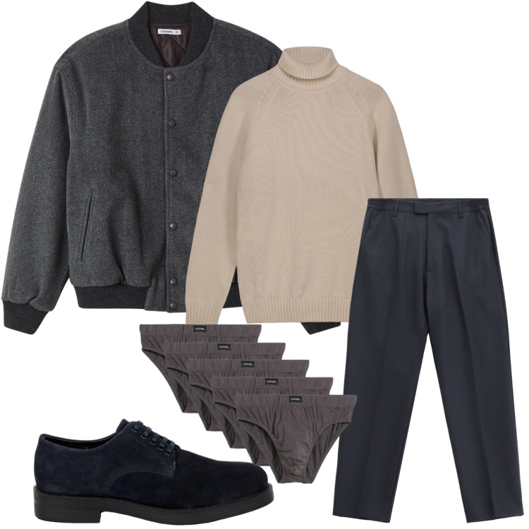 Outfit uomo - Bomber contemporaneo. Stile Casual per Serata speciale. Abbinamento con slip, bomber, pantaloni, scarpe stringate, pullovers.