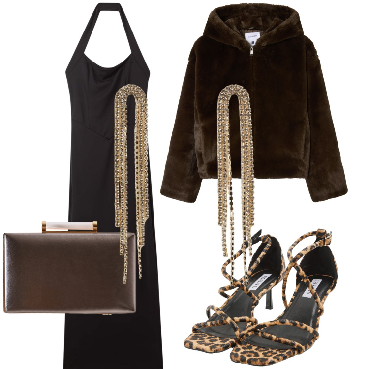 Outfit donna - Una sera splendida. Stile Glamour per Serata fuori. Abbinamento con clutch, orecchini, sandali col tacco, vestiti lunghi, ecopellicce.