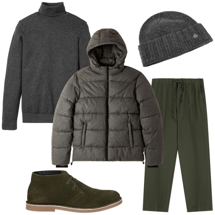 Outfit uomo - Verde e grigio. Stile Casual per Tutti i giorni. Abbinamento con maglieria, bomber, pantaloni, cappelli, stivali e stivaletti.