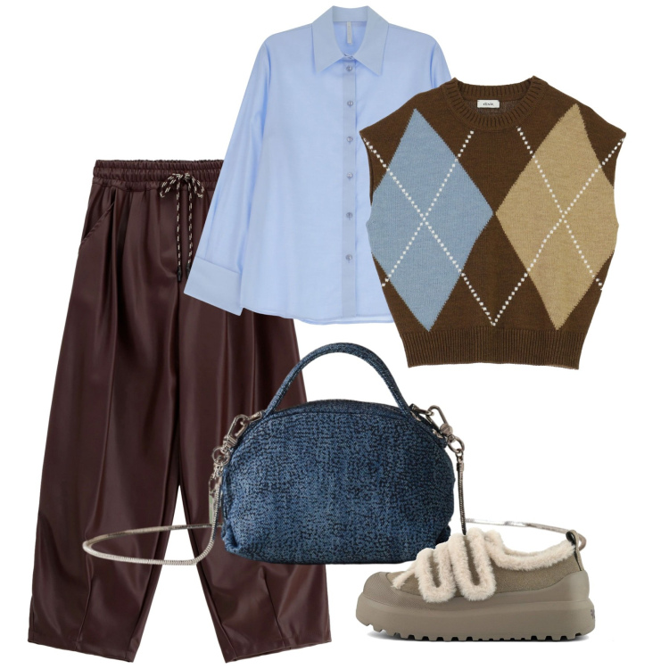 Outfit donna - Novembre a rombi. Stile Bon Ton per Tutti i giorni. Abbinamento con camicie, borse a mano, gilet, pantaloni a palazzo, sneakers.