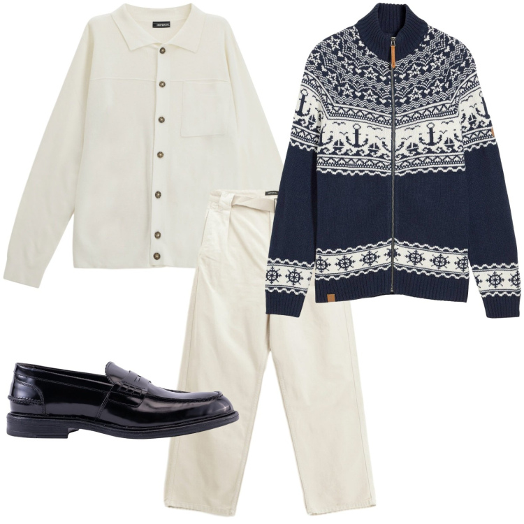 Outfit uomo - Il maglione caldo. Stile Trendy per Tutti i giorni. Abbinamento con cardigans, pantaloni, cardigans, scarpe stringate.