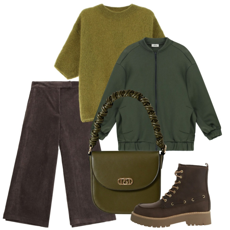 Outfit donna - Novembre. Stile Basic per Tutti i giorni. Abbinamento con borse a mano, stivaletti, bomber, maglieria, pantaloni a palazzo.