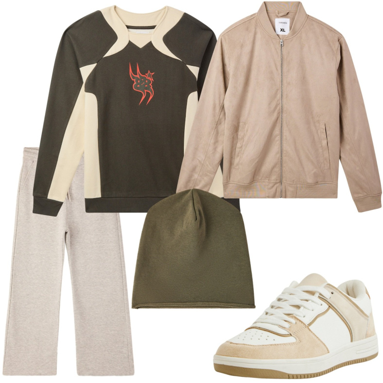 Outfit uomo - Sportivo casual. Stile Casual per Tutti i giorni. Abbinamento con sneakers, bomber, pantaloni, berretti, felpe.