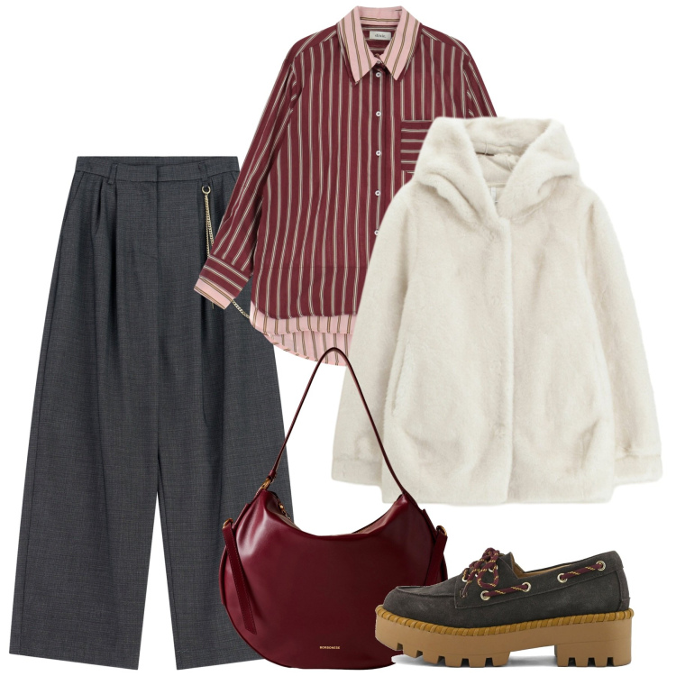 Outfit donna - Novembre. Stile Bon Ton per Ufficio. Abbinamento con pantaloni a palazzo, ecopellicce, borse a spalla, camicie, mocassini.