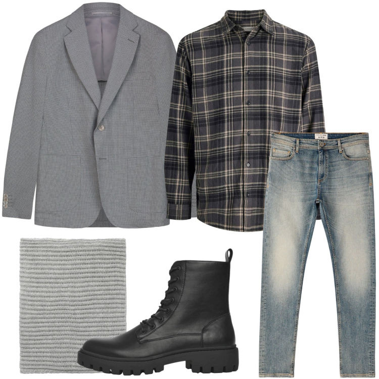 Outfit uomo - Quadri di stagione. Stile Casual per Tutti i giorni. Abbinamento con camicie, anfibi, jeans skinny, scaldacollo, giacche.