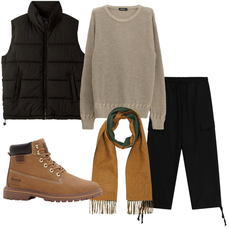 Outfit uomo - Casual. Stile Casual per Tutti i giorni. Abbinamento con stivali e stivaletti, piumini, maglieria, pantaloni cargo, sciarpe.