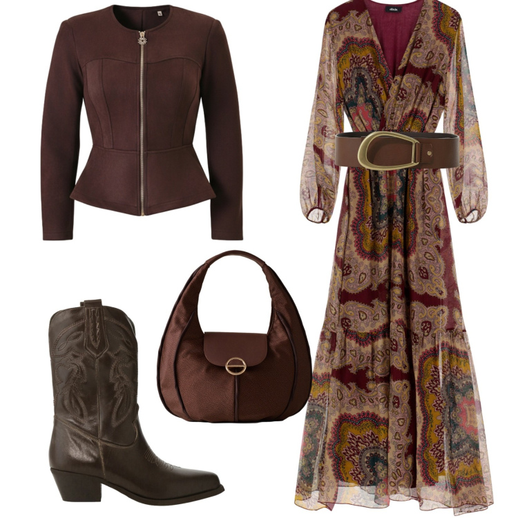 Outfit donna - Total look #2291243. Stile Boho per Serata fuori. Abbinamento con giacche, borse a spalla, vestiti lunghi, stivali, cinture.