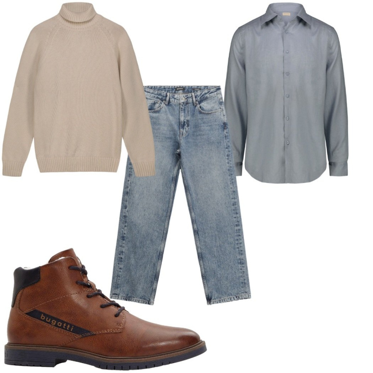 Outfit uomo - Look smart casual in grigio. Stile Casual per Ufficio. Abbinamento con anfibi, jeans dritti, pullovers, camicie.