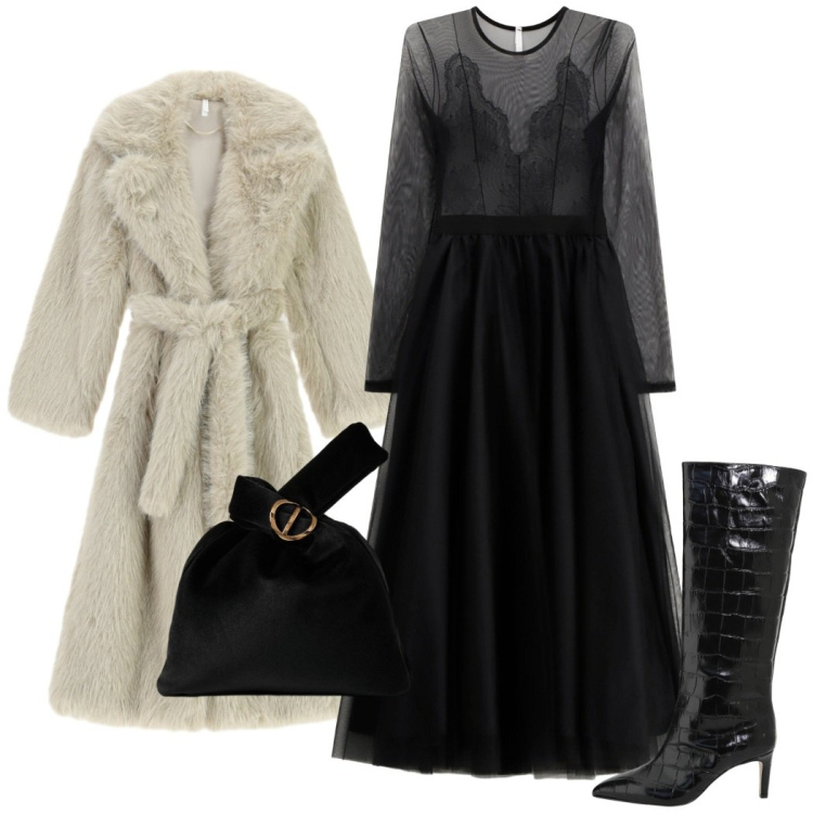 Outfit donna - Novembre glamour. Stile Glamour per Serata fuori. Abbinamento con vestiti midi/longuette, cappotti, borse a mano, stivali.