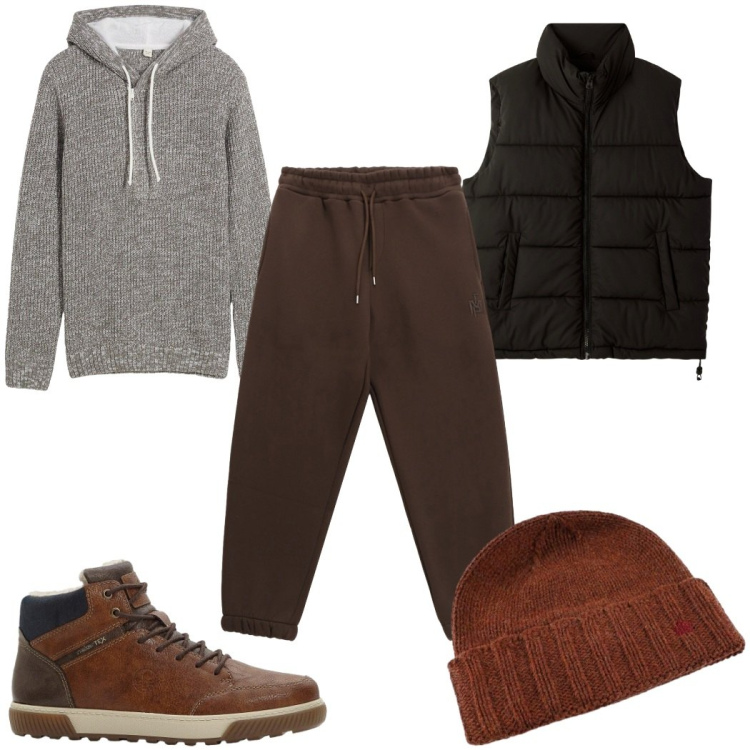 Outfit uomo - Dettagli in pelle: le sneakers alte. Stile Urban per Tutti i giorni. Abbinamento con sneakers alte, maglieria, piumini, pantaloni, cappelli.