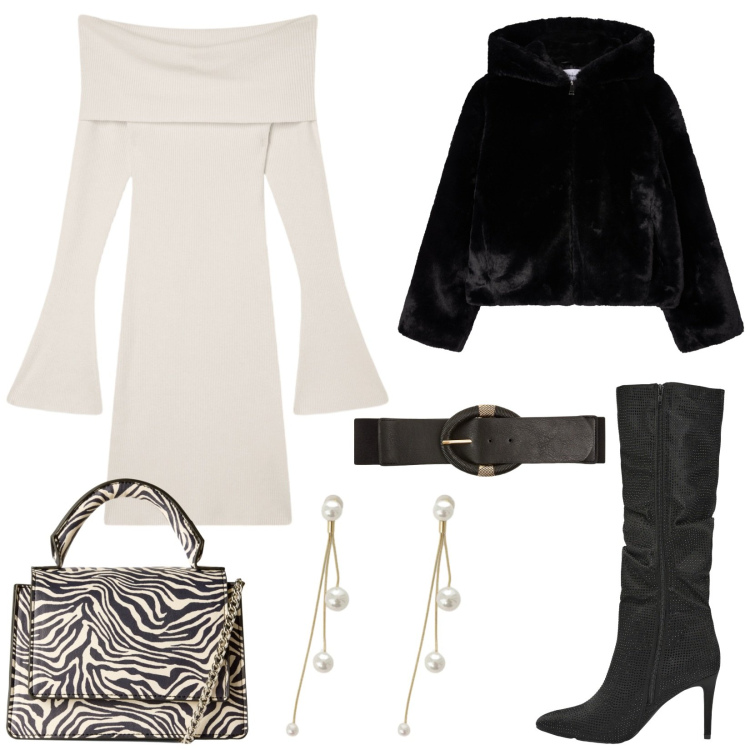 Outfit donna - Glamour a novembre. Stile Glamour per Tutti i giorni. Abbinamento con cinture, borse a tracolla, vestiti corti, stivali, ecopellicce, orecchini.