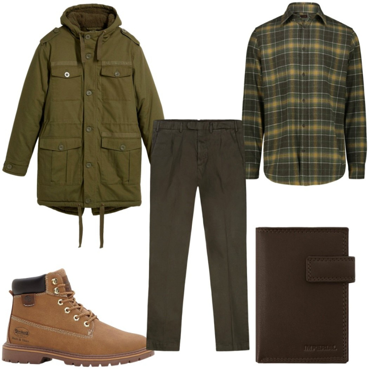 Outfit uomo - I colori della terra: verde e marrone. Stile Casual per Tutti i giorni. Abbinamento con stivali e stivaletti, parka, portafogli, pantaloni, camicie.