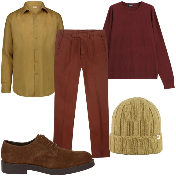 Outfit uomo - I colori della terra: ocra e ruggine. Stile Trendy per Tutti i giorni. Abbinamento con maglieria, cappelli, camicie, scarpe stringate, pantaloni.