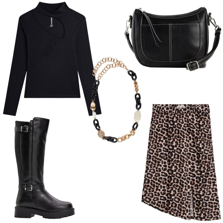 Outfit donna - Wild look in ufficio. Stile Trendy per Ufficio. Abbinamento con gonne, stivali, borse a tracolla, maglieria, collane.