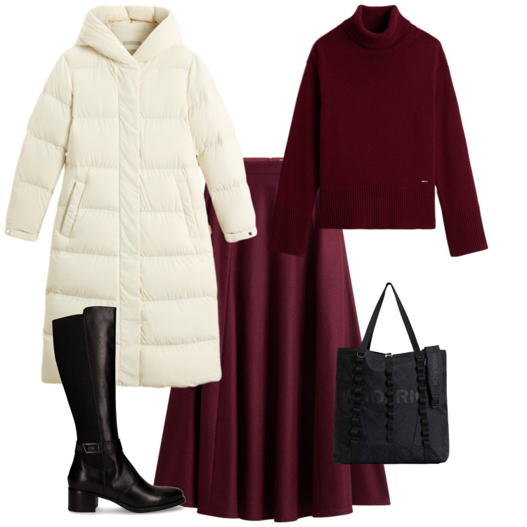 Outfit donna - Bianco e bordeaux. Stile Casual chic per Tutti i giorni. Abbinamento con gonne lunghe, maglieria, borse tote, piumini, stivali.