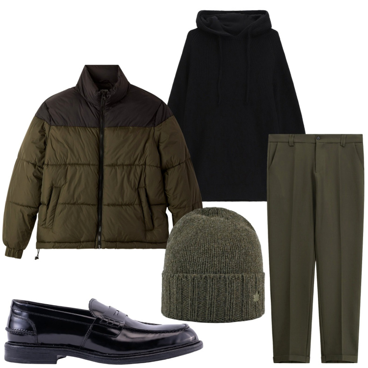 Outfit uomo - Il verde bosco iconico. Stile Trendy per Tutti i giorni. Abbinamento con bomber, pantaloni chino, felpe con cappuccio, cappelli, scarpe stringate.