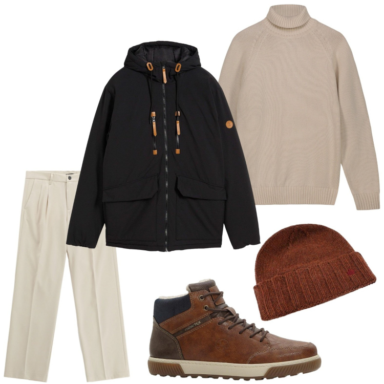 Outfit uomo - Stile impeccabile. Stile Casual per Tutti i giorni. Abbinamento con sneakers alte, piumini, pantaloni, cappelli, pullovers.