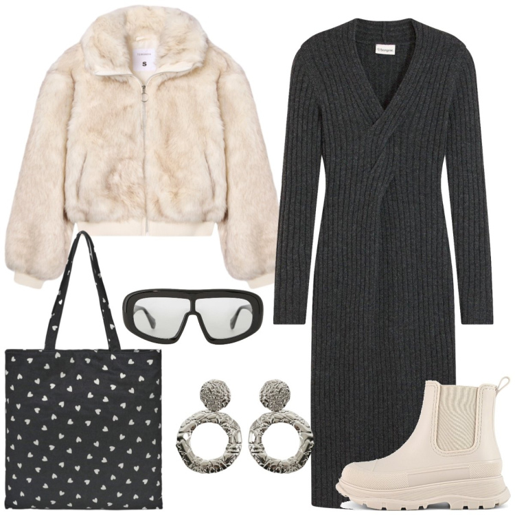 Outfit donna - In maglia. Stile Casual chic per Tutti i giorni. Abbinamento con vestiti, ecopellicce, borse tote, occhiali da sole, orecchini, stivali.