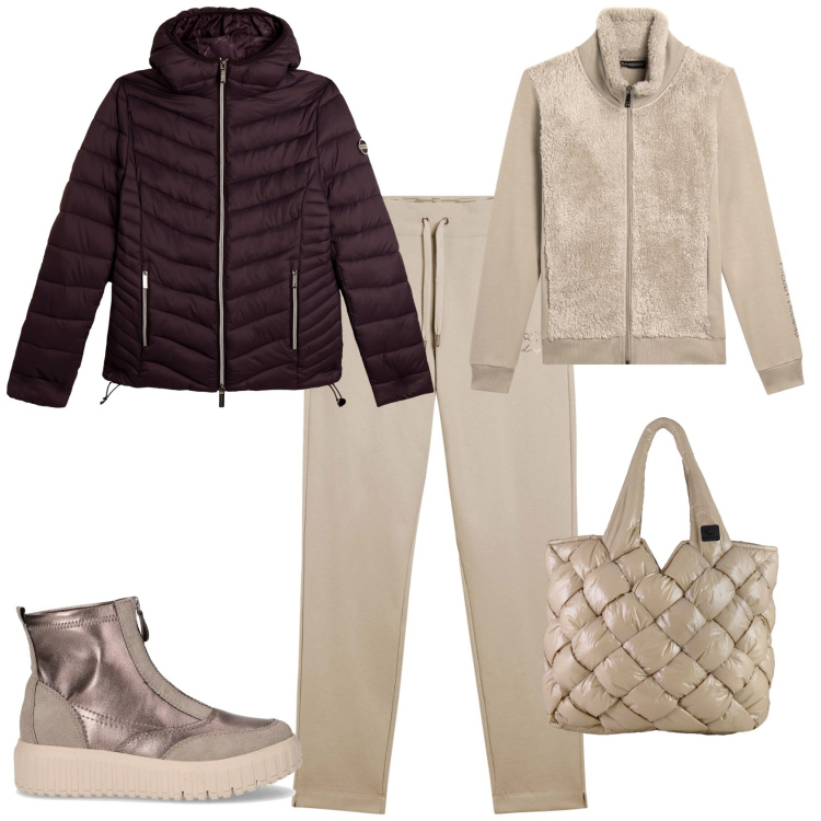 Outfit donna - Marrone e beige per tutti i giorni. Stile Casual chic per Tutti i giorni. Abbinamento con felpe, pantaloni, piumini, borse tote, stivaletti chelsea.