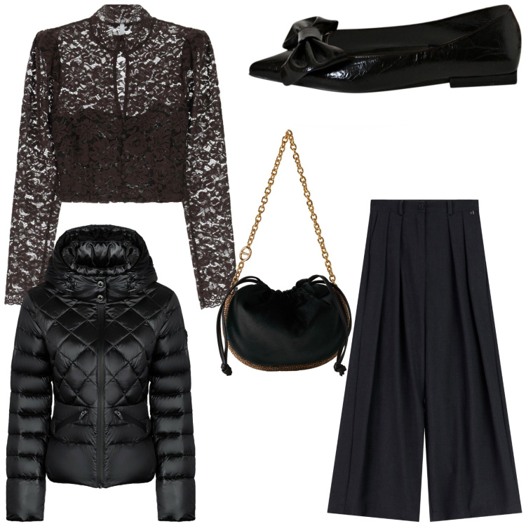 Outfit donna - I capi basici per le feste. Stile Chic per Serata fuori. Abbinamento con ballerine, bluse, borse a spalla, pantaloni a palazzo, piumini.