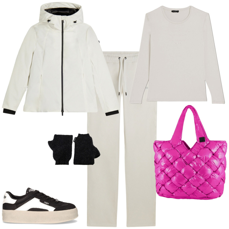 Outfit donna - Bianco neve. Stile Casual chic per Tutti i giorni. Abbinamento con pantaloni, t-shirt, bomber, borse tote, guanti, sneakers.