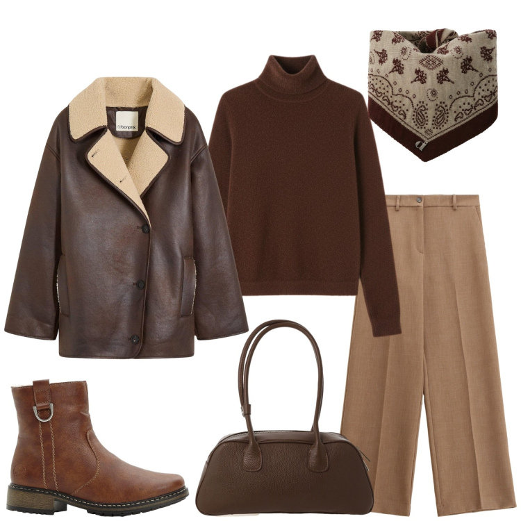 Outfit donna - Al lavoro. Stile Casual chic per Tutti i giorni. Abbinamento con blazer, stivaletti, pantaloni, pullovers, borse a mano, foulard.