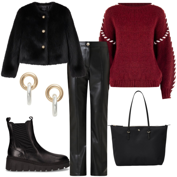 Outfit donna - Total look #2291288. Stile Glamour per Tutti i giorni. Abbinamento con maglieria, pantaloni, ecopellicce, borse tote, orecchini, stivaletti chelsea.