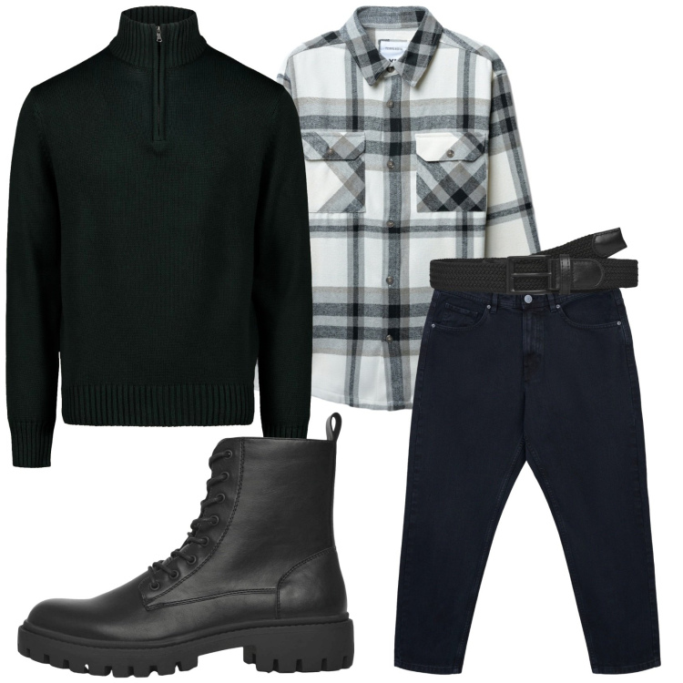 Outfit uomo - Total look #2291289. Stile Casual per Tutti i giorni. Abbinamento con cinture, anfibi, jeans dritti, cappotti, maglieria.
