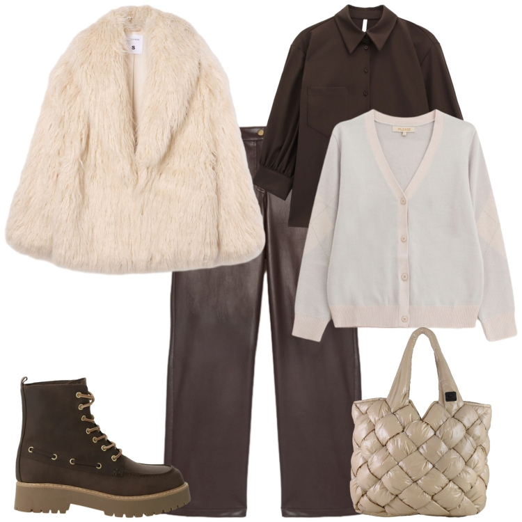 Outfit donna - Casual chic in ufficio ogni giorno. Stile Casual chic per Ufficio. Abbinamento con cardigans, ecopellicce, camicie, stivaletti, borse tote, pantaloni.