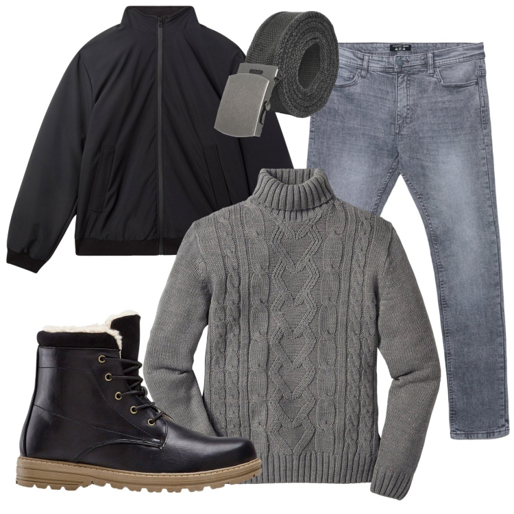 Outfit uomo - Total look #2291292. Stile Casual per Tutti i giorni. Abbinamento con stivali e stivaletti, maglieria, giacche, cinture, jeans skinny.