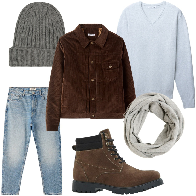 Outfit uomo - Stile weekend. Stile Trendy per Tutti i giorni. Abbinamento con stivali e stivaletti, sciarpe, jeans dritti, maglieria, cappotti, berretti.