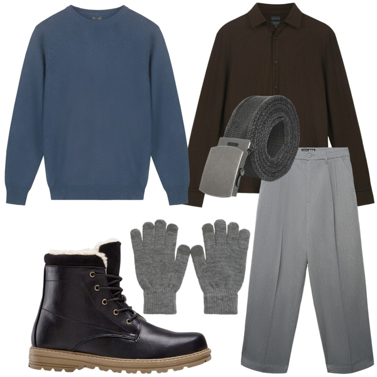 Outfit uomo - Stile distintivo. Stile Trendy per Tutti i giorni. Abbinamento con stivali e stivaletti, cinture, guanti, pantaloni, maglieria, polo.