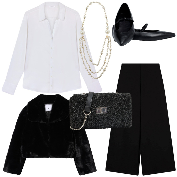 Outfit donna - Holiday best seller. Stile Chic per Serata fuori. Abbinamento con pantaloni culotte, ecopellicce, camicie, borse a tracolla, collane, ballerine.