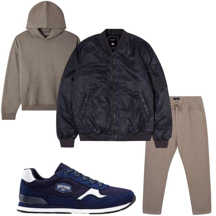 Outfit uomo - Felpa e bomber. Stile Casual per Tutti i giorni. Abbinamento con sneakers, bomber, pantaloni, felpe con cappuccio.