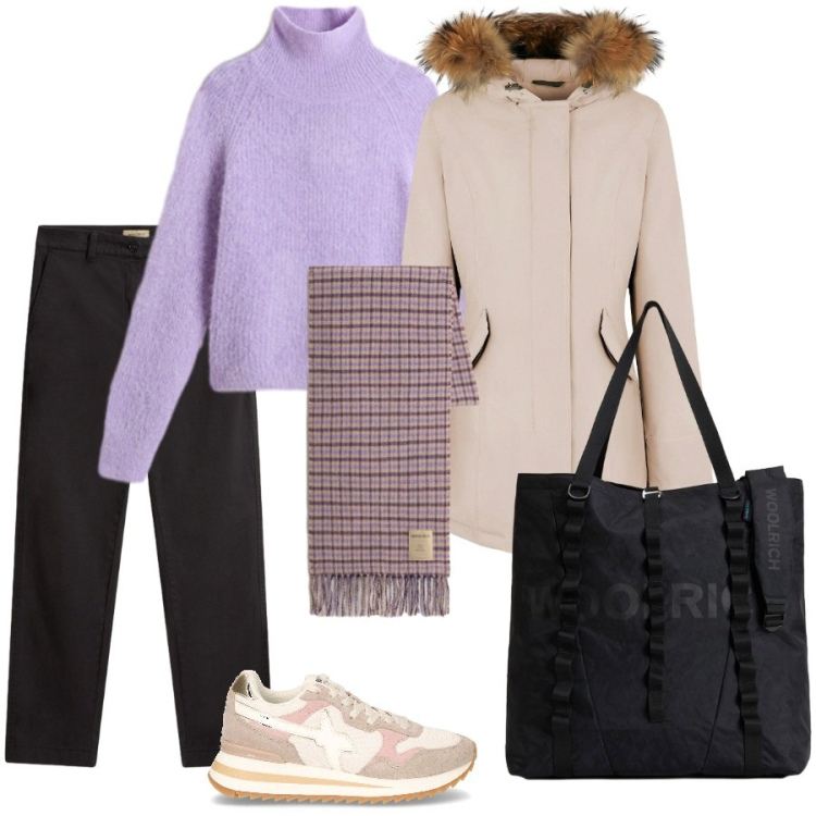 Outfit donna - Total look #2291308. Stile Casual chic per Scuola/Università. Abbinamento con parka, sciarpe, borse tote, maglieria, pantaloni, sneakers.