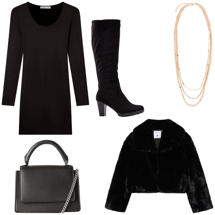 Outfit donna - Holiday. Stile Chic per Serata fuori. Abbinamento con stivali, vestiti corti, ecopellicce, borse a tracolla, collane.