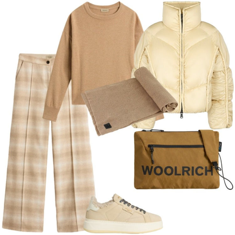 Outfit donna - Total look #2291313. Stile Casual chic per Ufficio. Abbinamento con sciarpe, piumini, borse a tracolla, pantaloni, sneakers, maglieria.