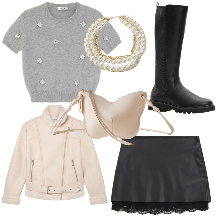 Outfit donna - Romantica. Stile Romantica per Serata fuori. Abbinamento con stivali, bomber, borse a tracolla, minigonne, collane, maglieria.